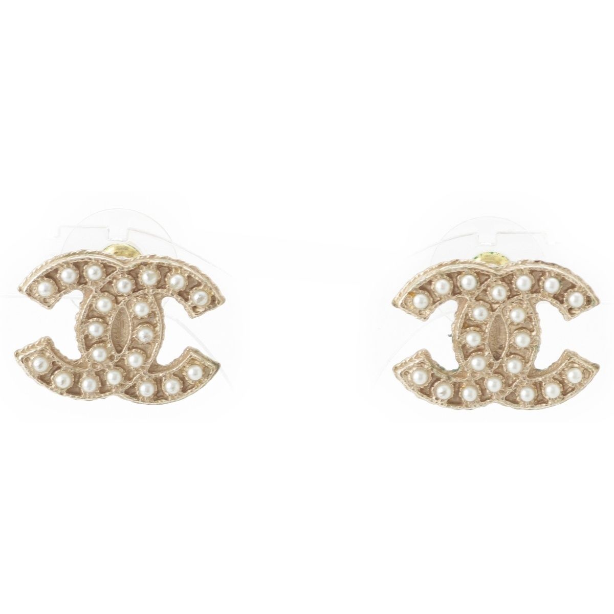 Chanel CC Logo Pearl Earrings Champagne Gold