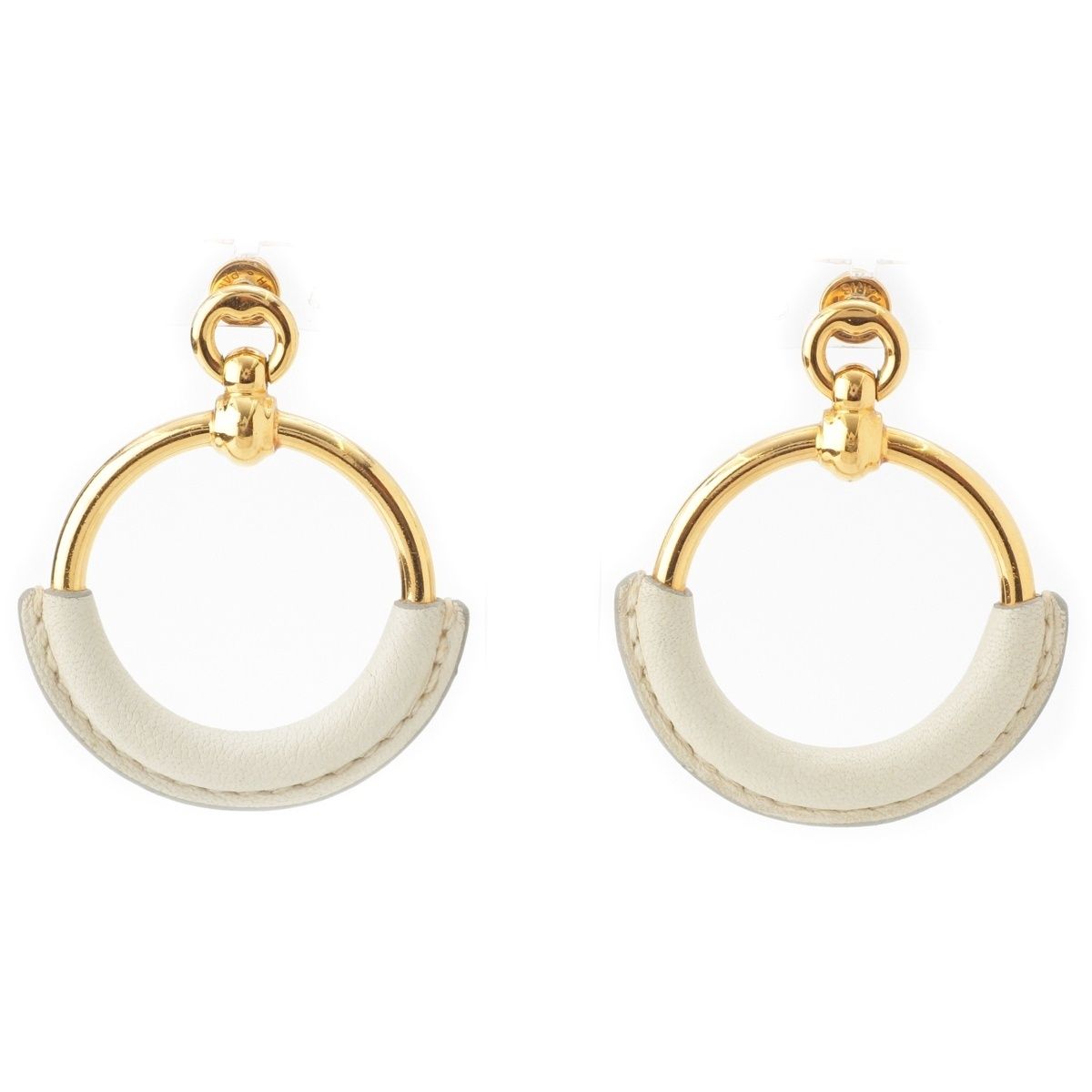 Hermes Loupe Grand Leather Earrings Gold Ivory