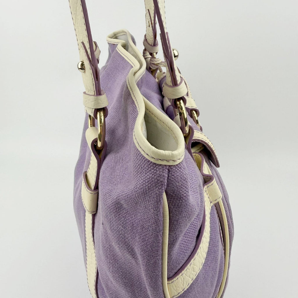 Celine Logo Charm Canvas Shoulder Bag Purple Ivory Gold Vintage — view 4