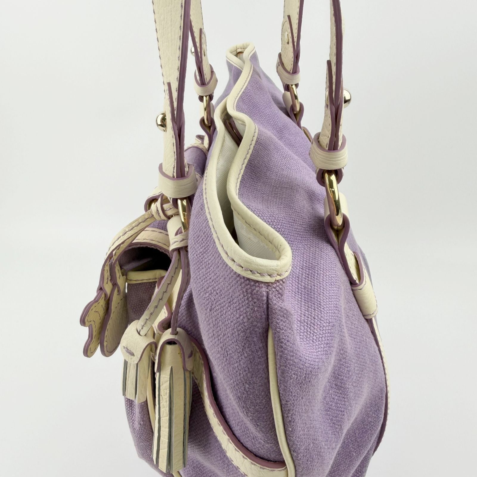 Celine Logo Charm Canvas Shoulder Bag Purple Ivory Gold Vintage — view 6
