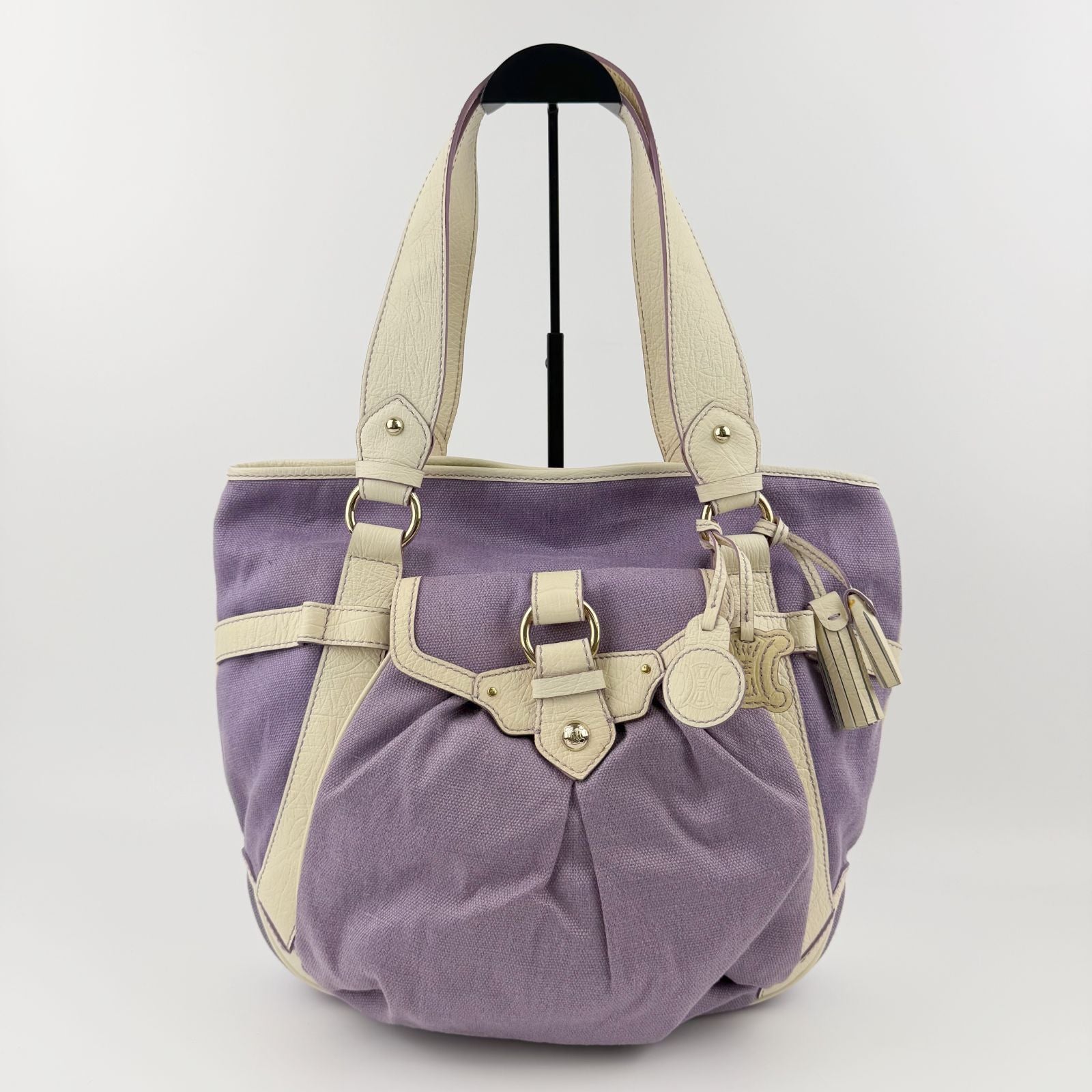 Celine Logo Charm Canvas Shoulder Bag Purple Ivory Gold Vintage