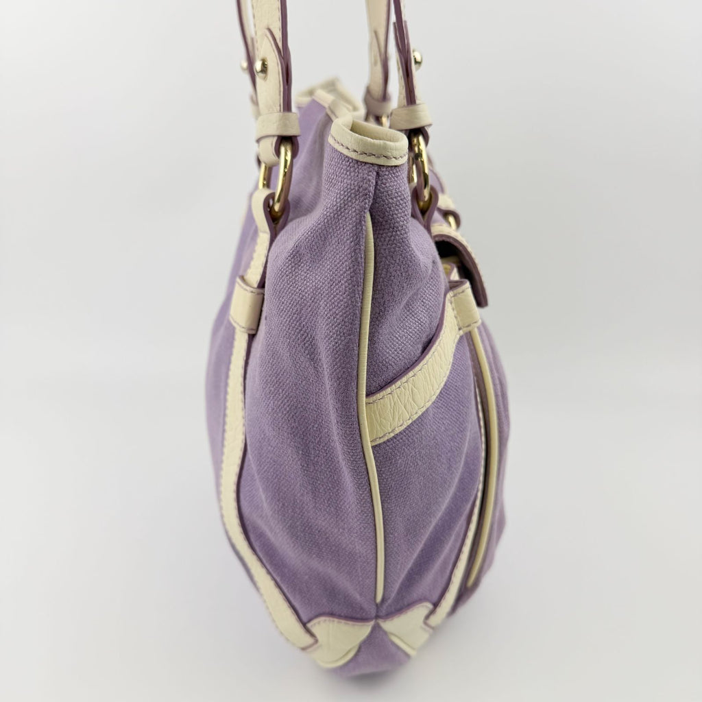 Celine Logo Charm Canvas Shoulder Bag Purple Ivory Gold Vintage — view 3