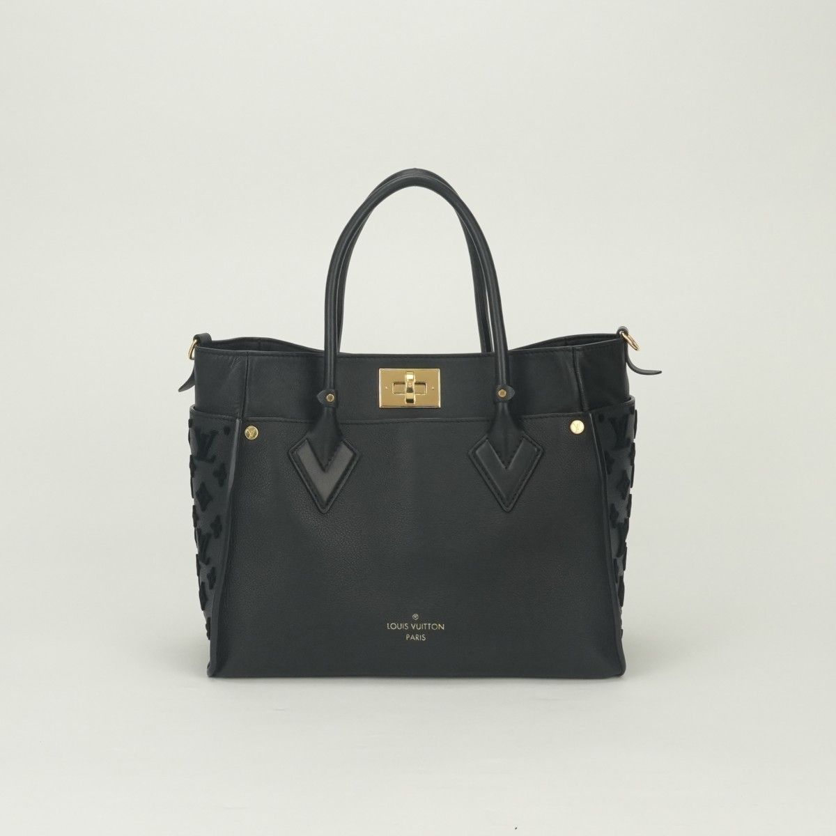 Louis Vuitton on My Side MM Tote Shoulder Bag Calf Leather Black Gold 2-Way