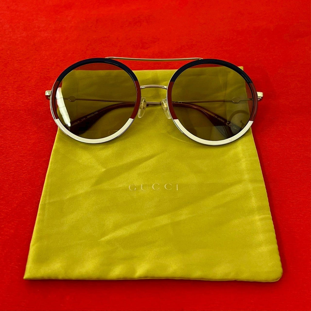 Gucci Tricolor Ruby Logo Acetate Round Frame Sunglasses Eyewear Gold with