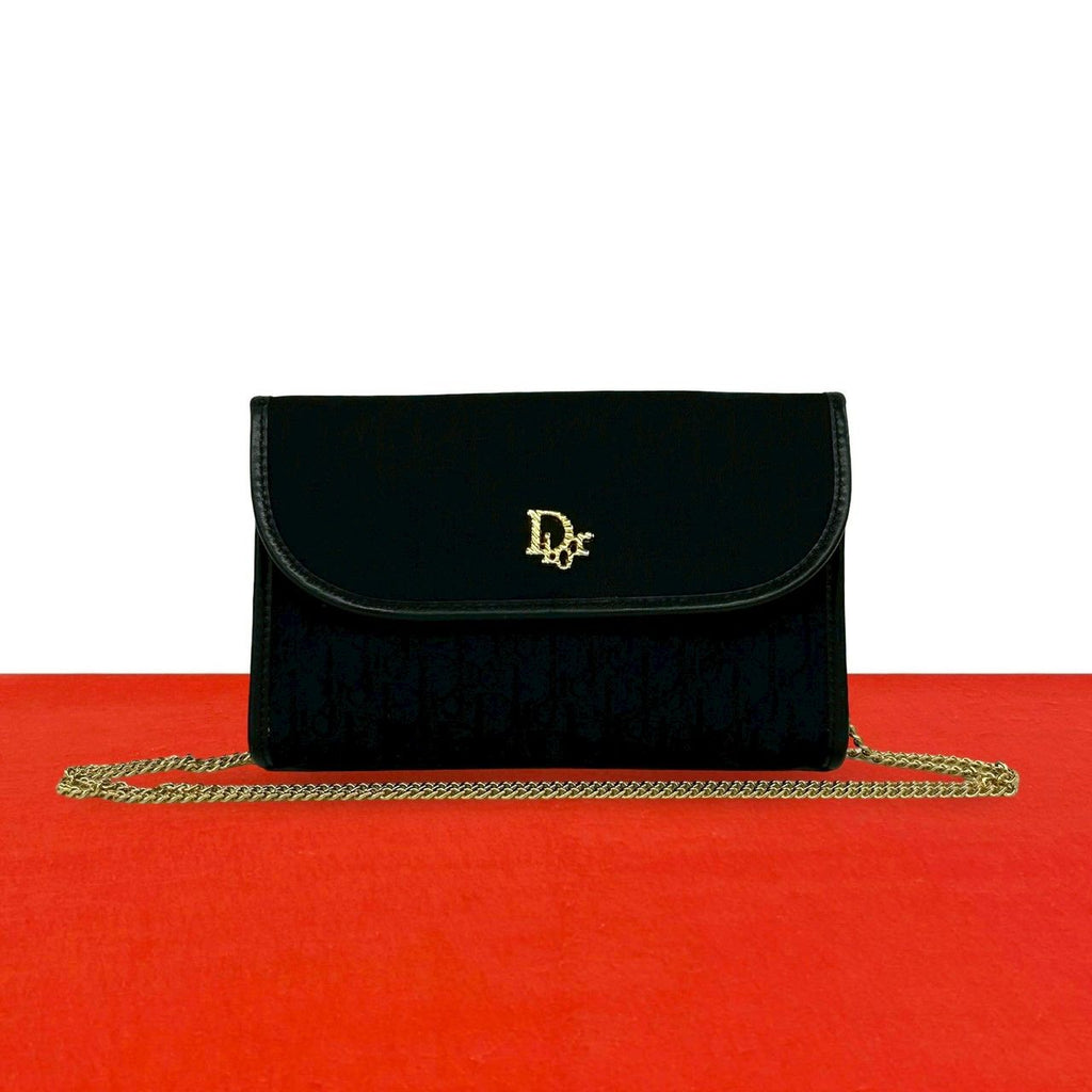 Dior Vintage Trotter Pattern Logo Canvas Leather Chain Shoulder Bag Black
