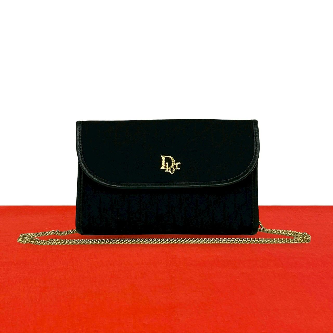 Dior Vintage Trotter Pattern Logo Canvas Leather Chain Shoulder Bag Black