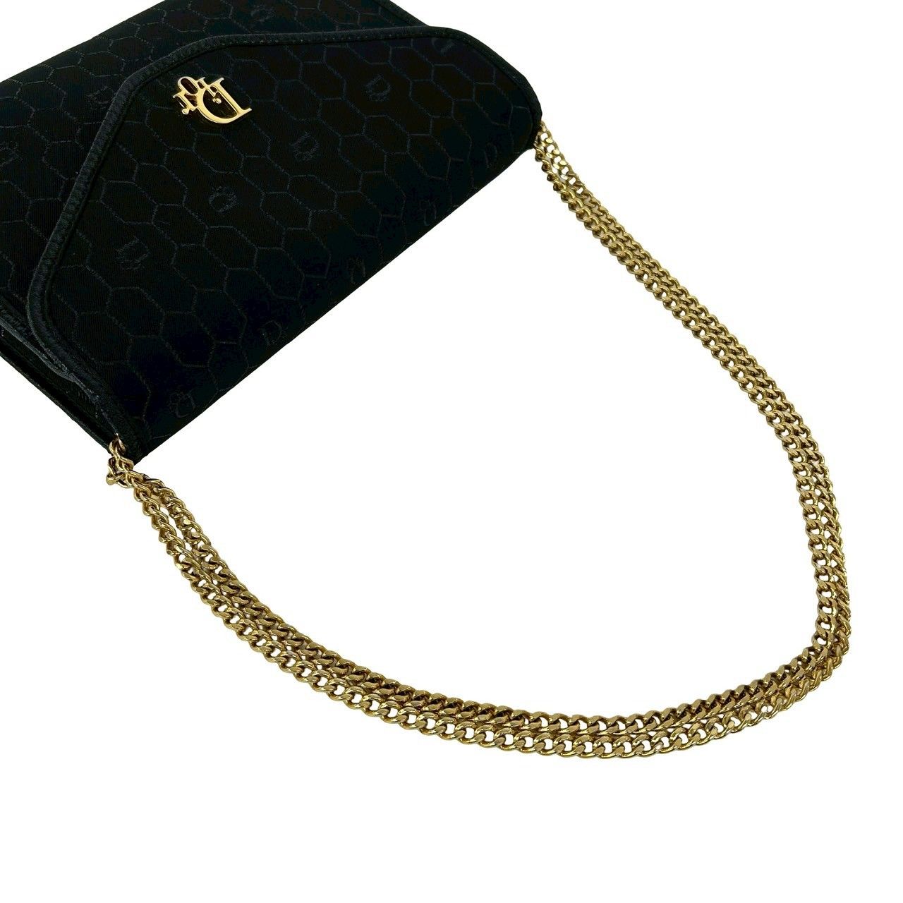 Dior Vintage Honeycomb Pattern Logo Canvas Leather Chain Shoulder Bag Black — view 4