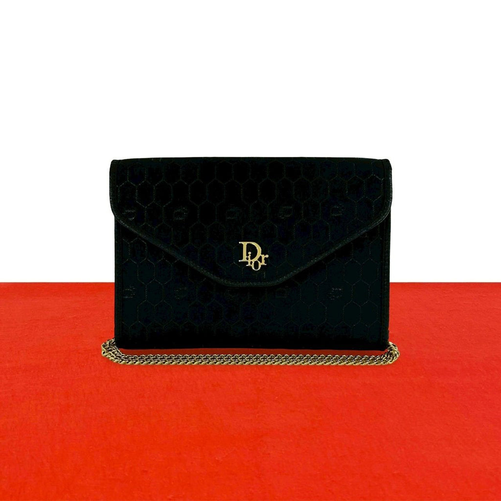 Dior Vintage Honeycomb Pattern Logo Canvas Leather Chain Shoulder Bag Black
