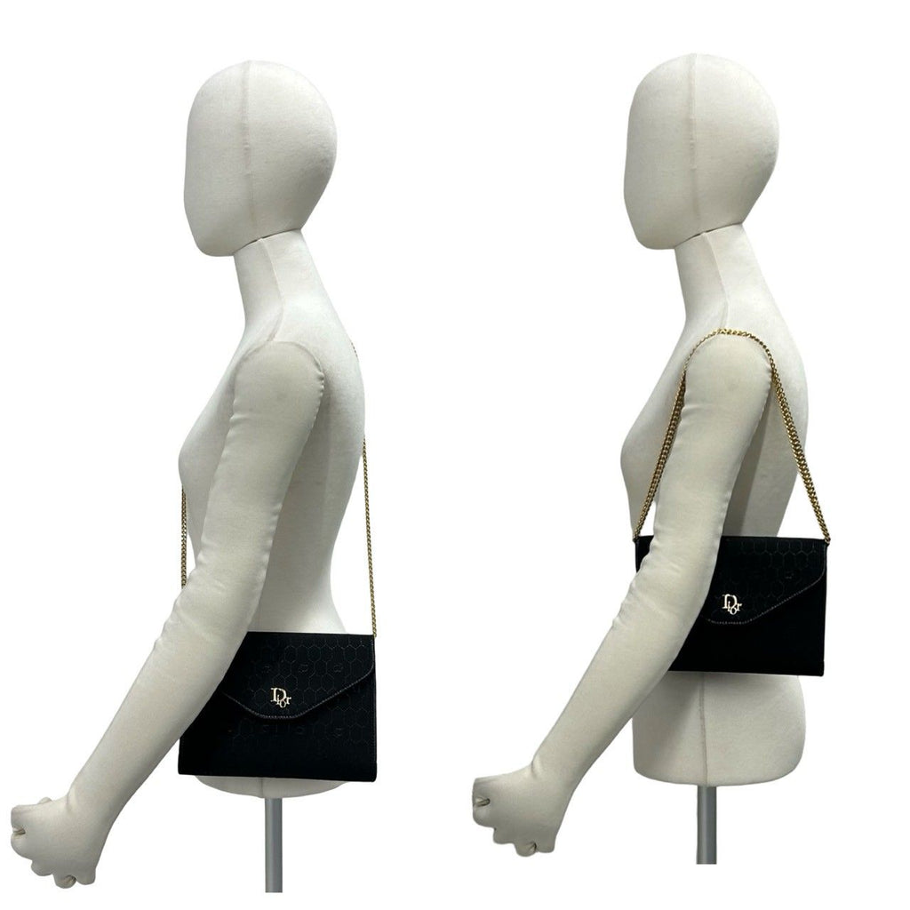 Dior Vintage Honeycomb Pattern Logo Canvas Leather Chain Shoulder Bag Black — view 2