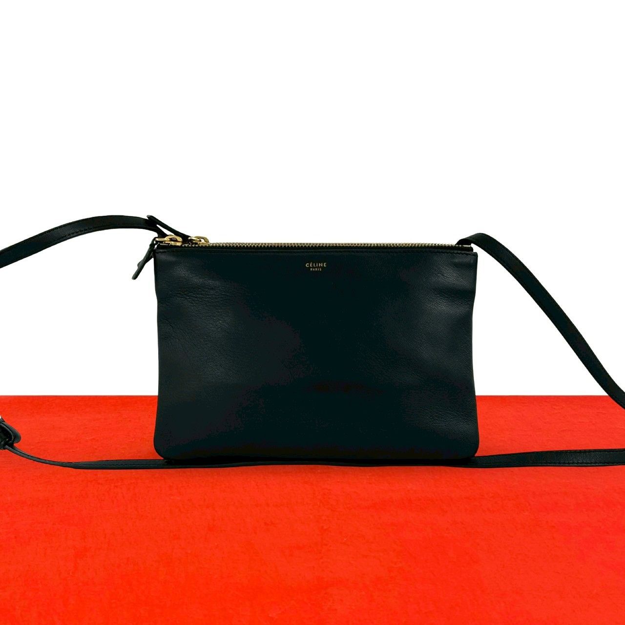 Celine Trio Logo Leather Mini Shoulder Bag Pochette Crossbody Cross Black