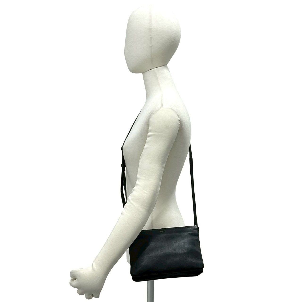 Celine Trio Logo Leather Mini Shoulder Bag Pochette Crossbody Cross Black — view 2