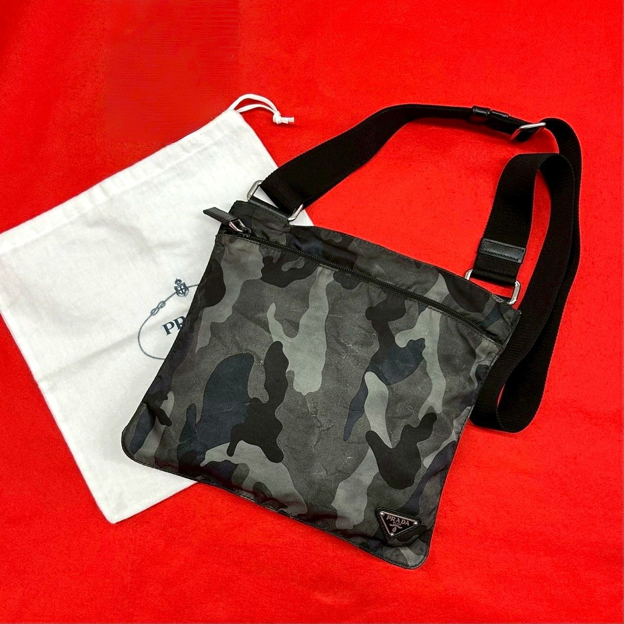 Prada Triangle Logo Camouflage Pattern Nylon Saffiano Leather Shoulder