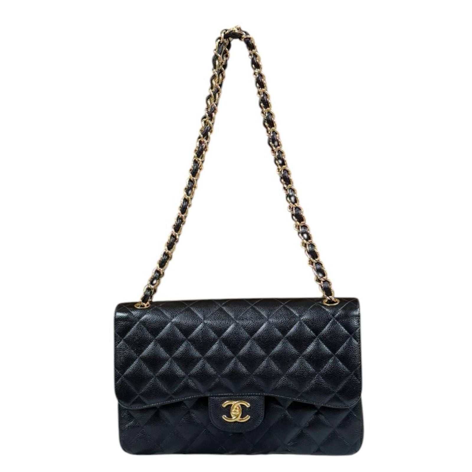 Chanel Double Flap 30 Quilted Shoulder Bag Caviar Leather Black