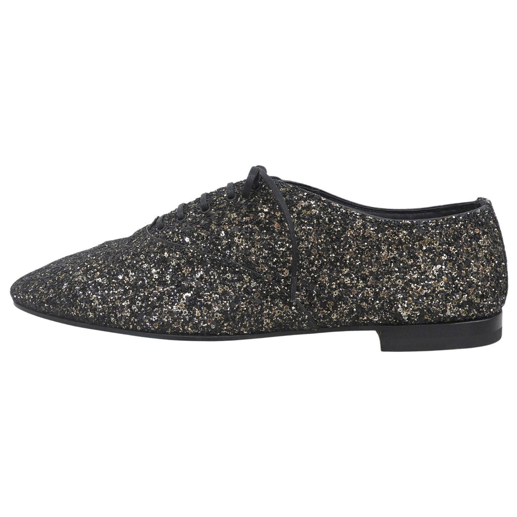 Saint Laurent Paris Glitter Lace Up Leather Shoes Black — view 2