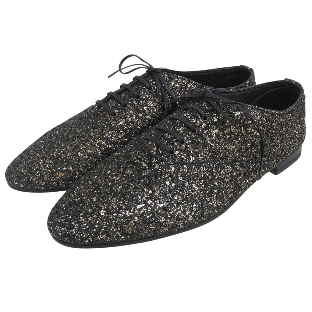 Saint Laurent Paris Glitter Lace Up Leather Shoes Black