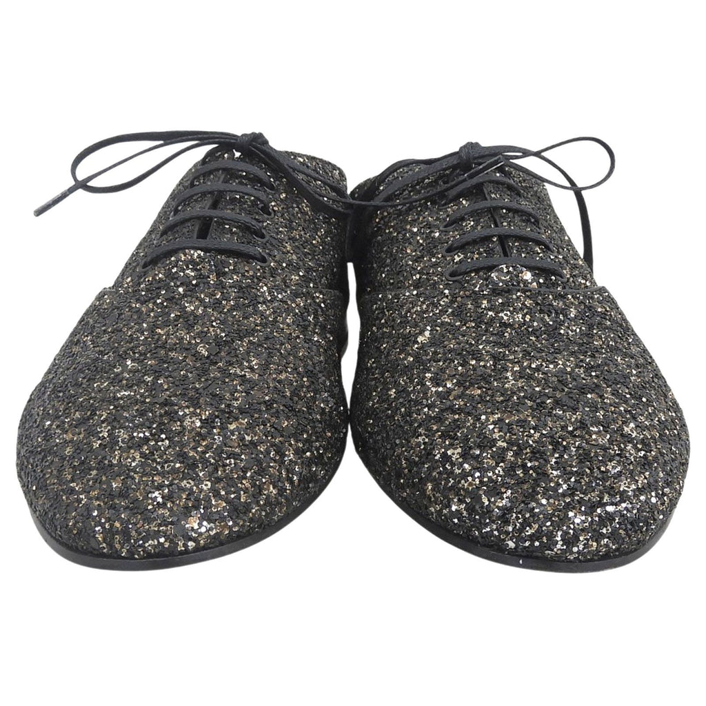 Saint Laurent Paris Glitter Lace Up Leather Shoes Black — view 3
