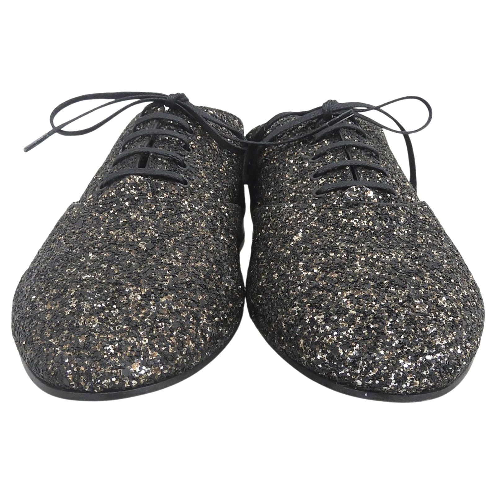 Saint Laurent Paris Glitter Lace Up Leather Shoes Black — view 3