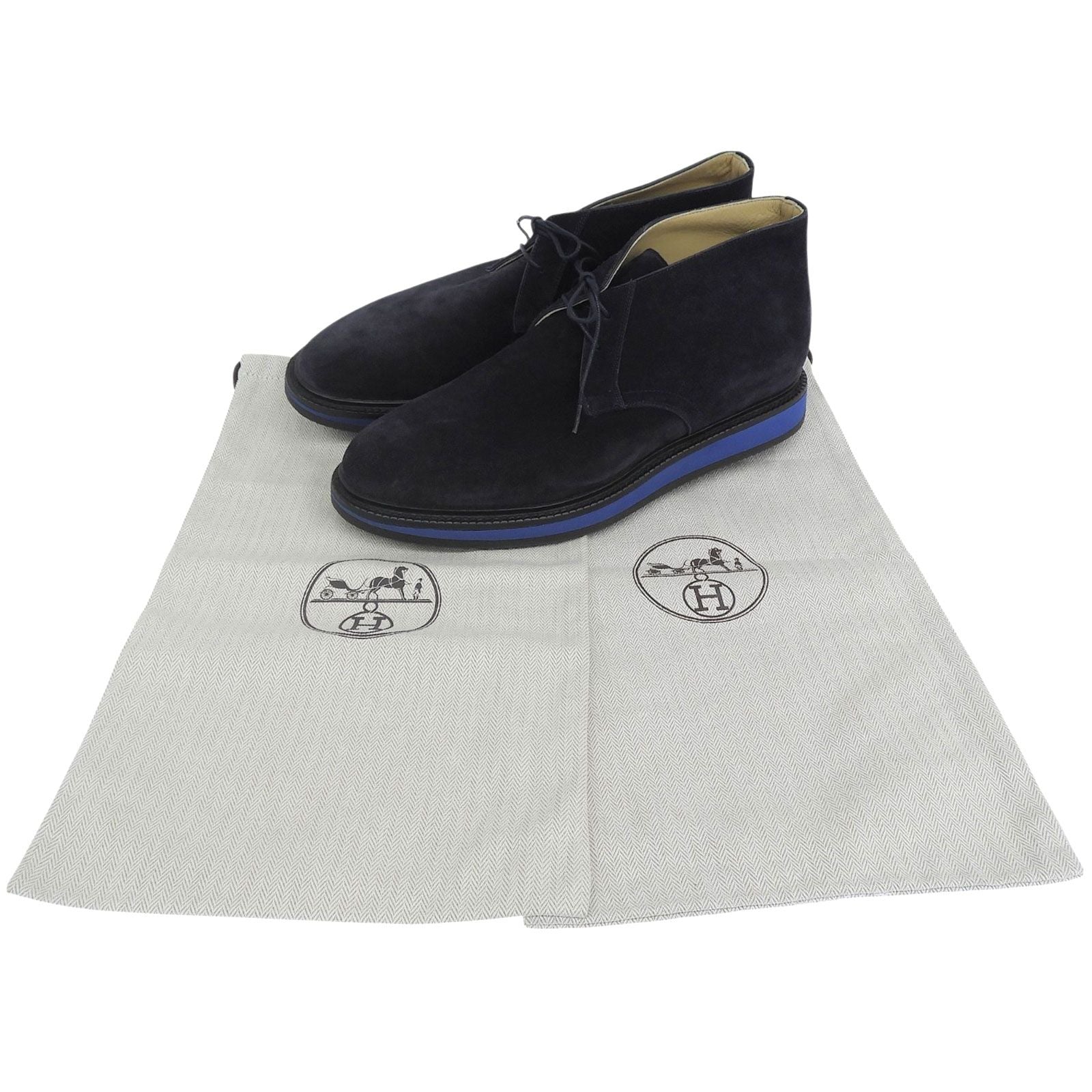 Hermes Plain Toe Lace Up Suede Leather Chukka Boots Navy Blue — view 2