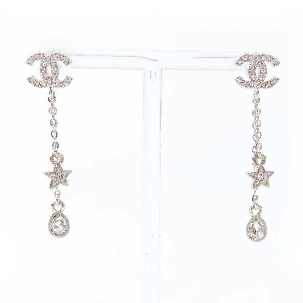 Chanel CC Logo Star Rhinestone Earrings Silver