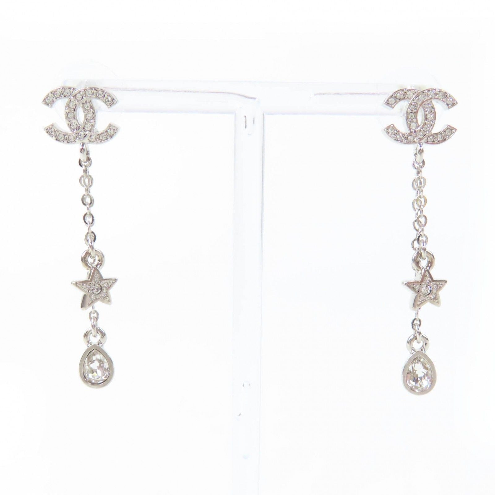 Chanel CC Logo Star Rhinestone Earrings Silver
