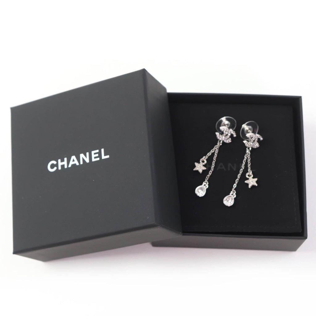 Chanel CC Logo Star Rhinestone Earrings Silver — view 2