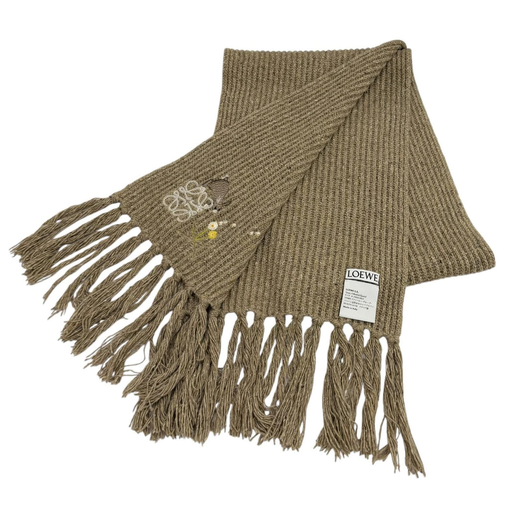 Loewe Snafjita Wool Blend Anagram Rabbit Dandelion Scarf with Fringe Brown — view 2