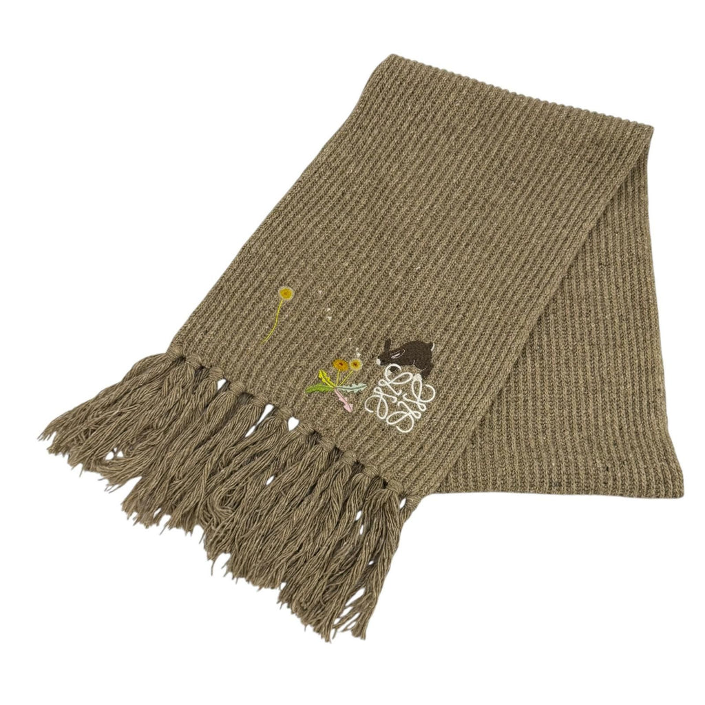 Loewe Snafjita Wool Blend Anagram Rabbit Dandelion Scarf with Fringe Brown