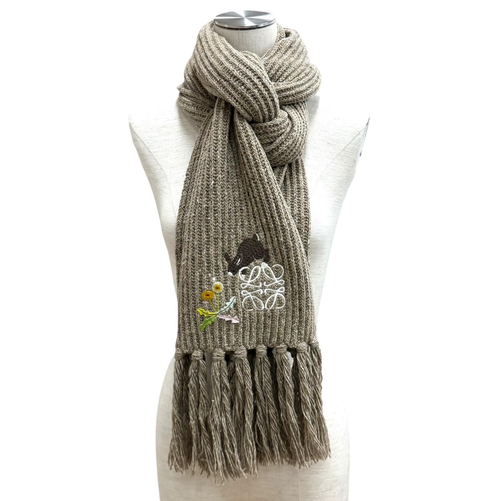 Loewe Snafjita Wool Blend Anagram Rabbit Dandelion Scarf with Fringe Brown — view 3