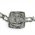 Chanel 25c CC Logo Rhinestone Leather Necklace Choker Silver White