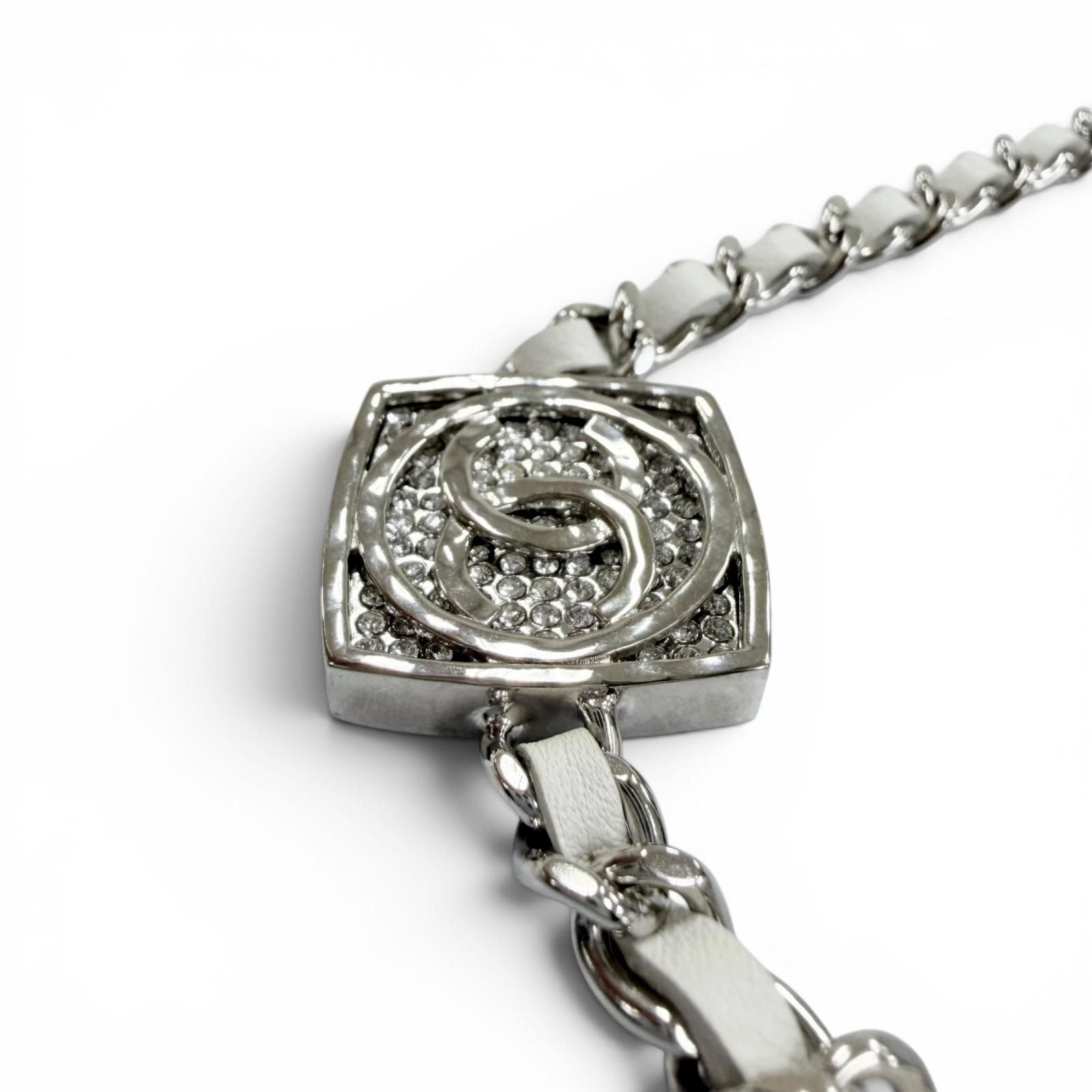 Chanel 25c CC Logo Rhinestone Leather Necklace Choker Silver White — view 5