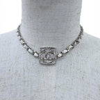 Chanel 25c CC Logo Rhinestone Leather Necklace Choker Silver White — view 3