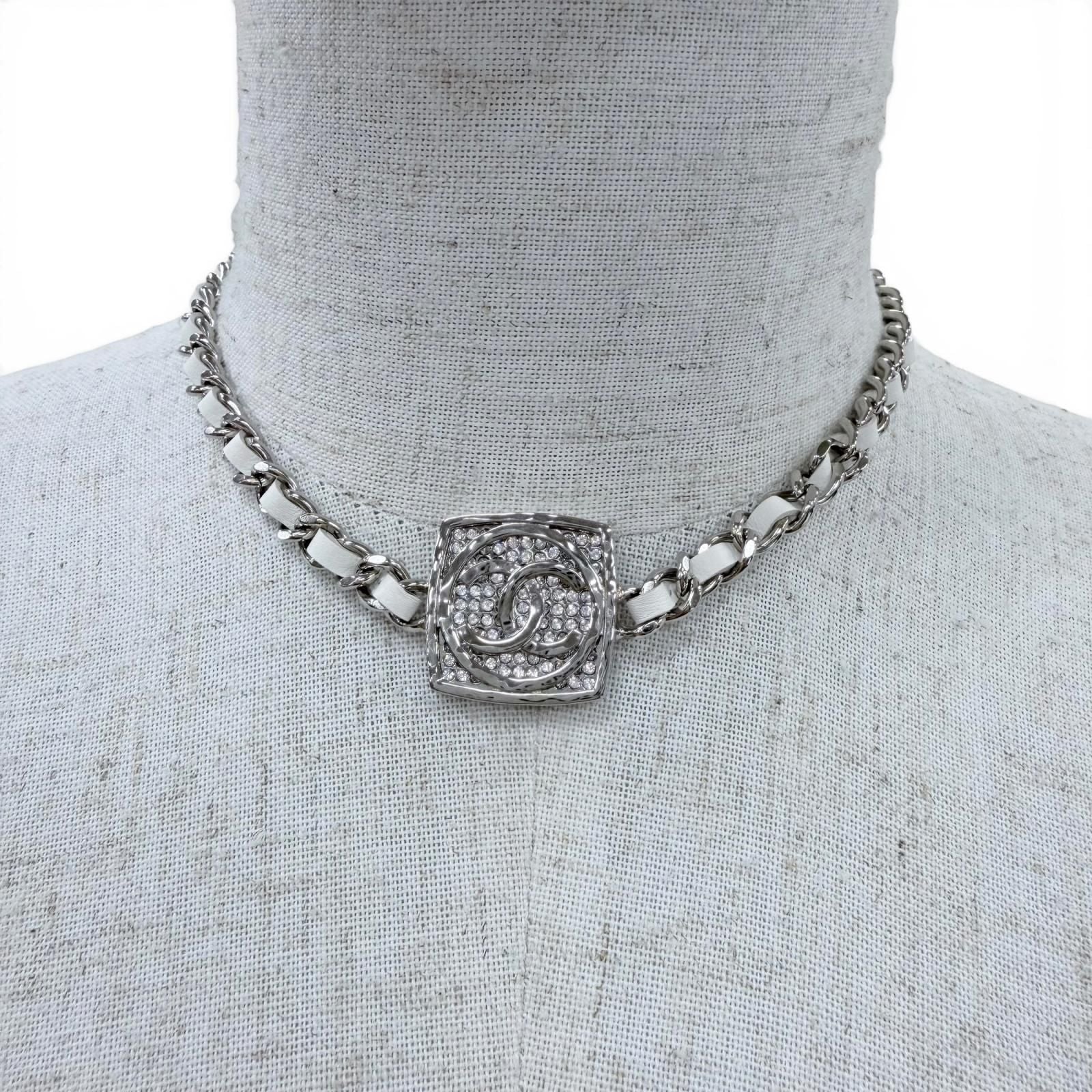 Chanel 25c CC Logo Rhinestone Leather Necklace Choker Silver White — view 3