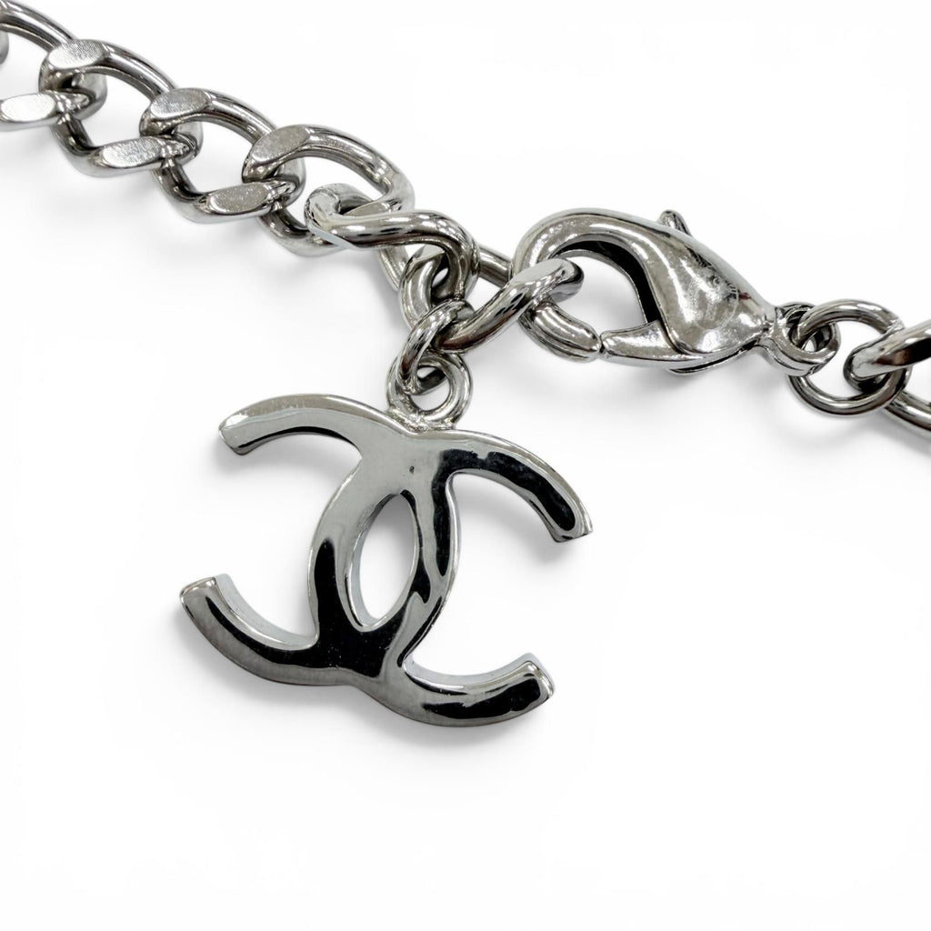Chanel 25c CC Logo Rhinestone Leather Necklace Choker Silver White — view 6