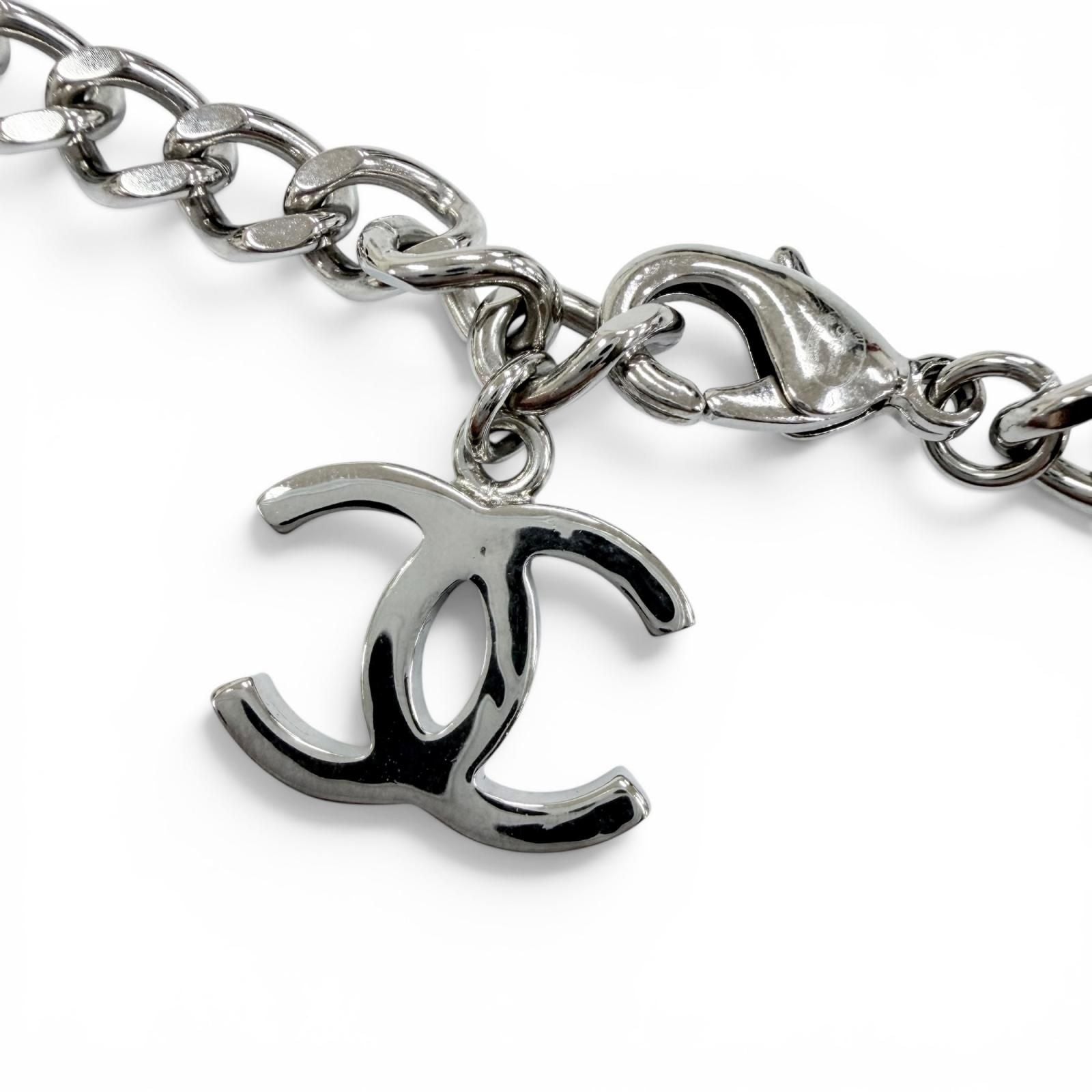 Chanel 25c CC Logo Rhinestone Leather Necklace Choker Silver White — view 6