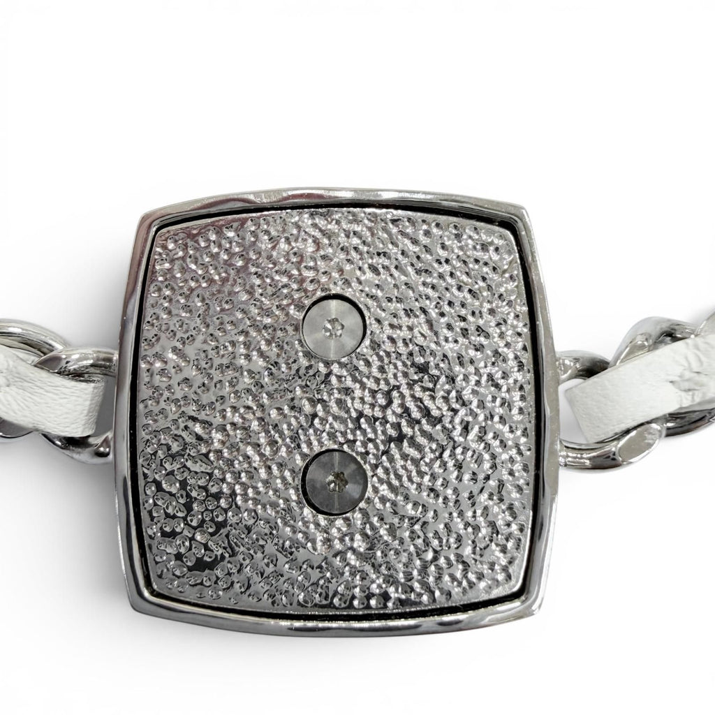 Chanel 25c CC Logo Rhinestone Leather Necklace Choker Silver White — view 7