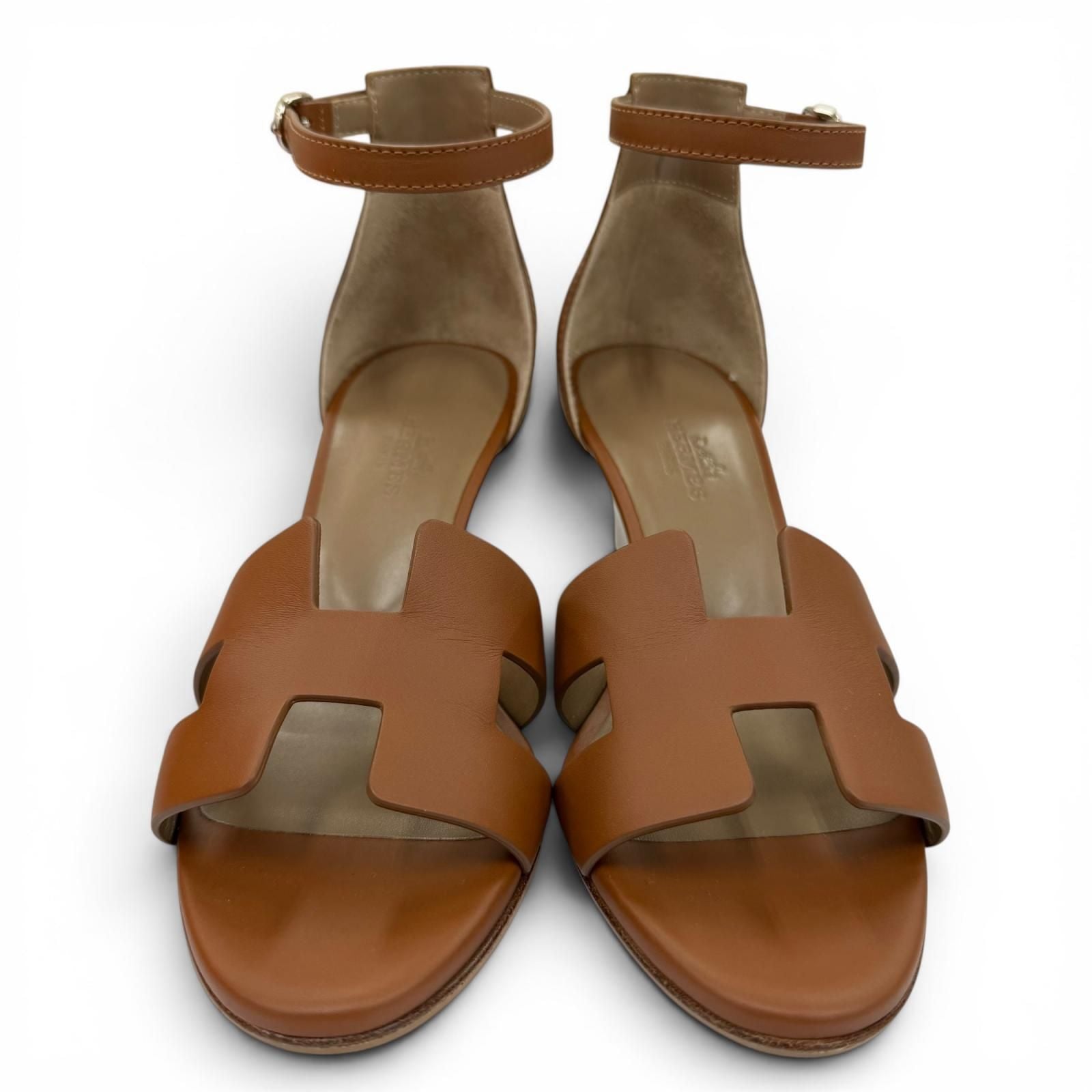 Hermes Legend Calf Leather Gold Ankle Strap Wedge Sandals — view 4