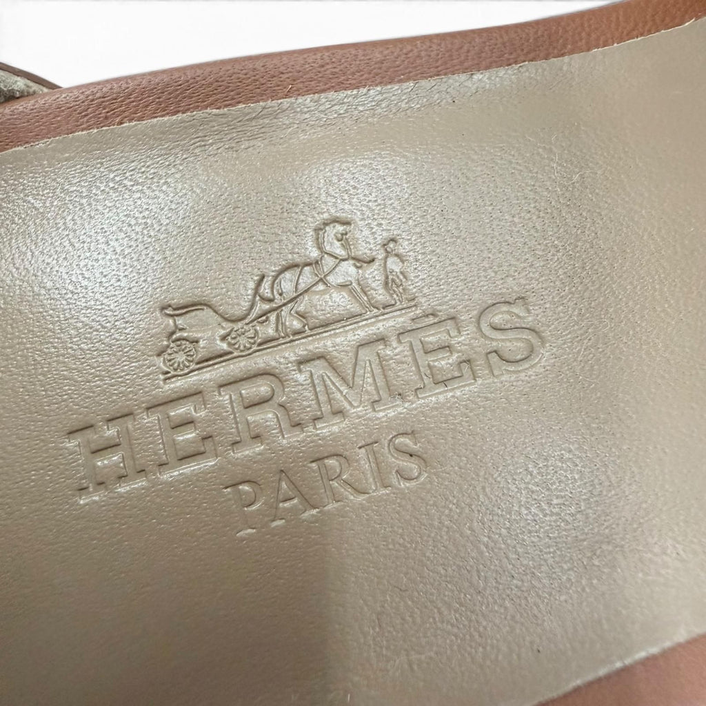 Hermes Legend Calf Leather Gold Ankle Strap Wedge Sandals — view 9
