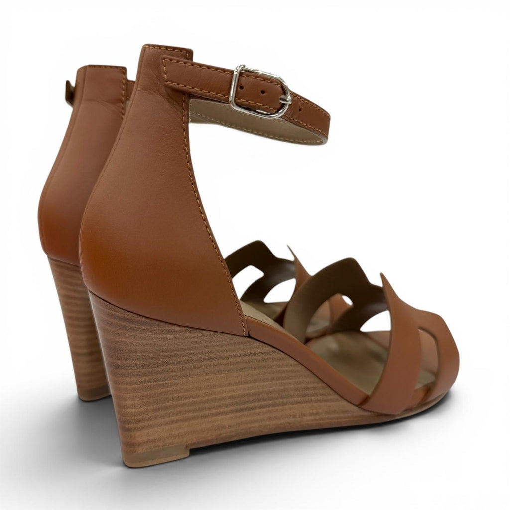 Hermes Legend Calf Leather Gold Ankle Strap Wedge Sandals — view 3
