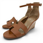 Hermes Legend Calf Leather Gold Ankle Strap Wedge Sandals