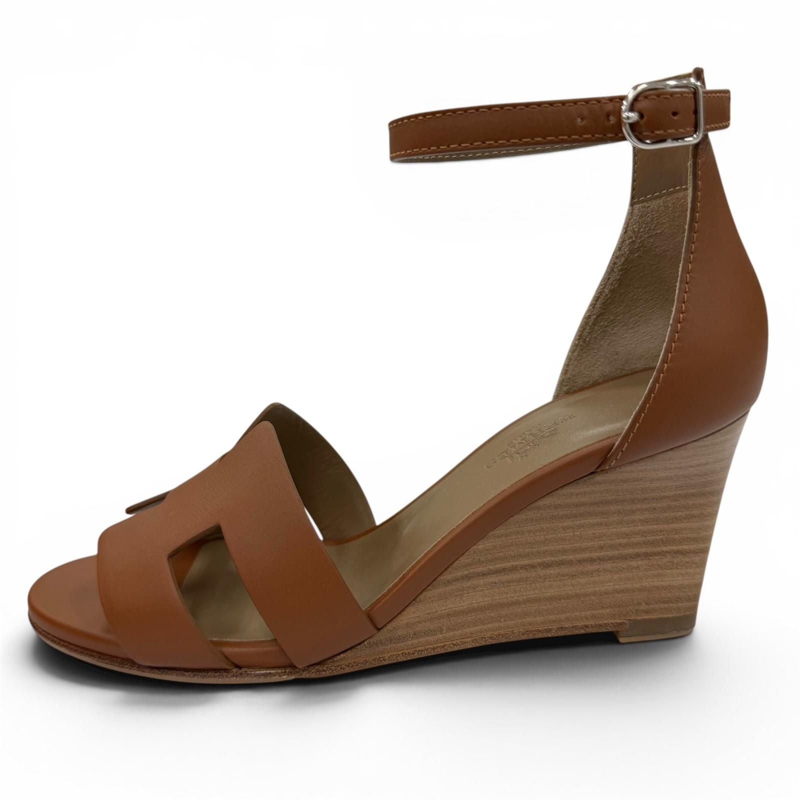Hermes Legend Calf Leather Gold Ankle Strap Wedge Sandals — view 5