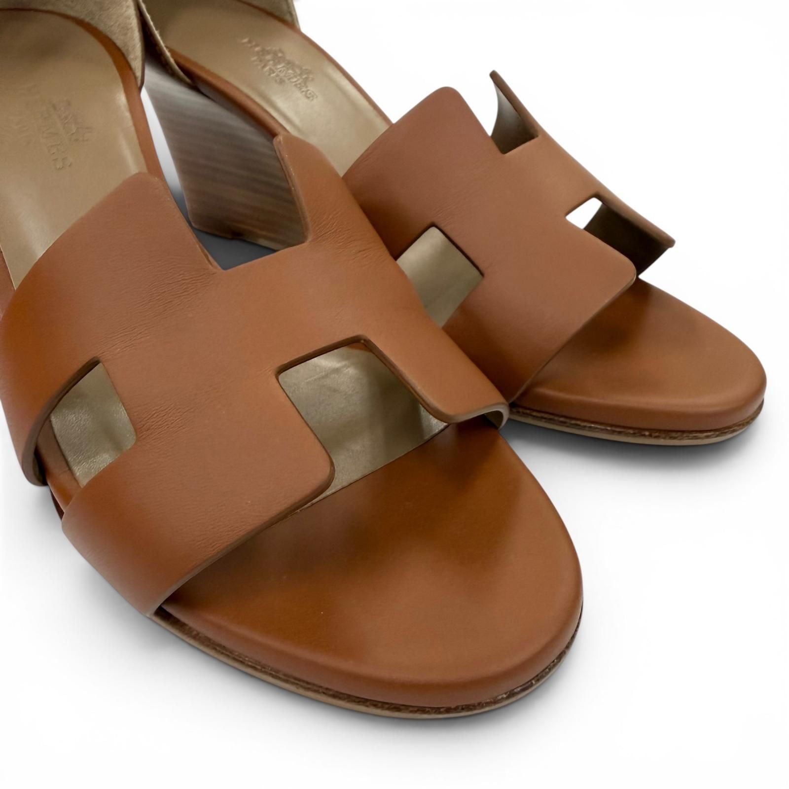 Hermes Legend Calf Leather Gold Ankle Strap Wedge Sandals — view 8