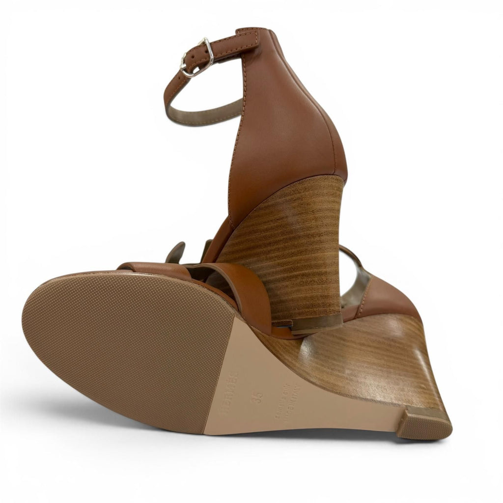 Hermes Legend Calf Leather Gold Ankle Strap Wedge Sandals — view 7