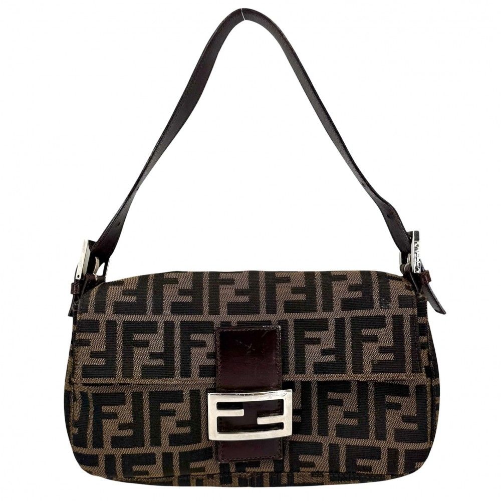 Fendi Shoulder Bag Mamma Bucket Zucca Canvas Leather Brown Silver