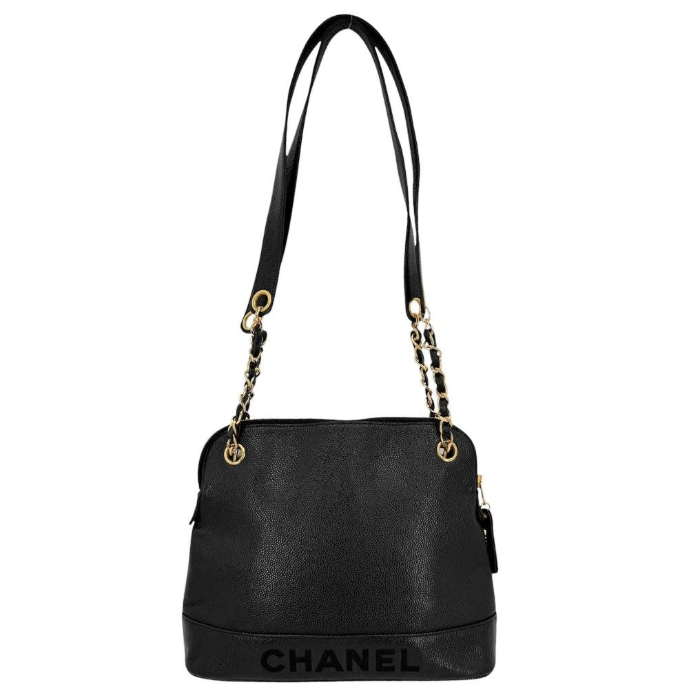 Chanel Handbag Chain Tote CC Logo Shoulder Caviar Leather Black Gold