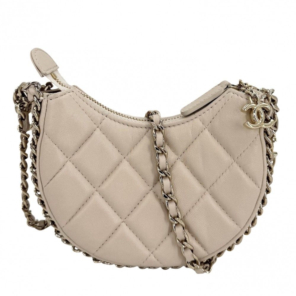 Chanel Shoulder Bag Mini Hobo CC Logo Crossbody Quilted Pochette Lambskin Beige