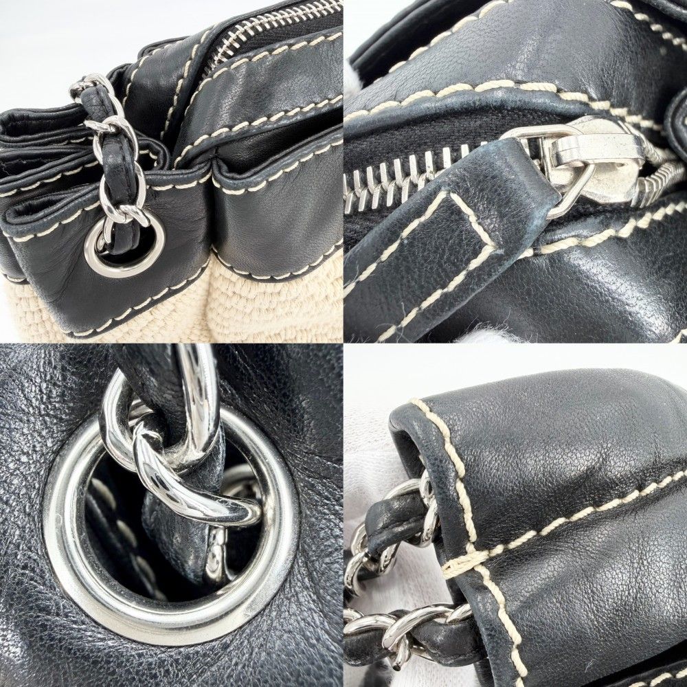 Chanel Handbag Logo Chain Shoulder Leather Canvas Beige Black Silver — view 6