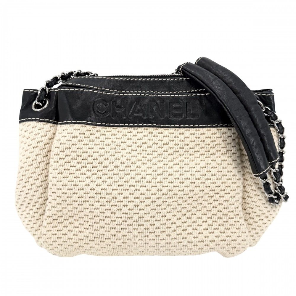 Chanel Handbag Logo Chain Shoulder Leather Canvas Beige Black Silver