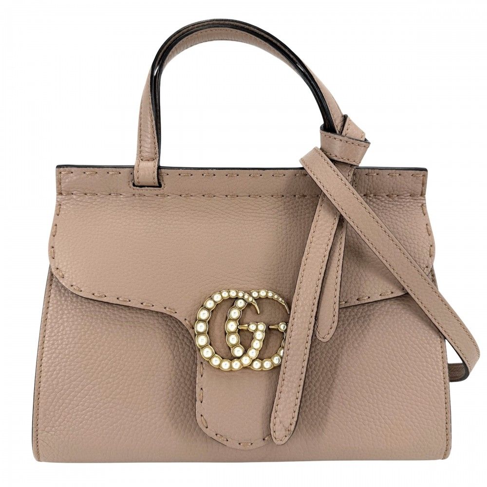 Gucci 2-Way GG Marmont Shoulder Bag Crossbody Leather Pink Beige Gold