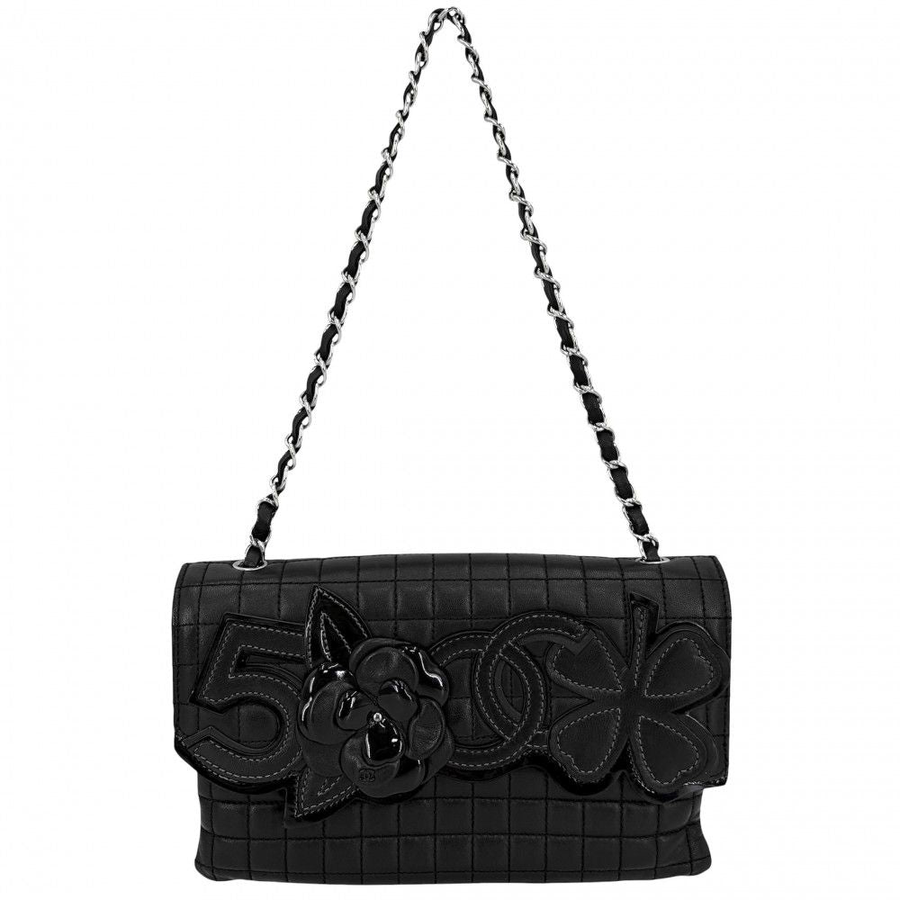 Chanel Shoulder Bag Icon Chocolate Mini Chain CC Logo Camellia Lambskin Black