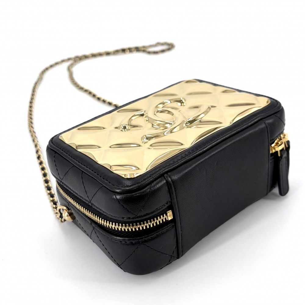 Chanel Shoulder Bag Quilted Chain Vanity Small Lambskin Black Gold — view 3